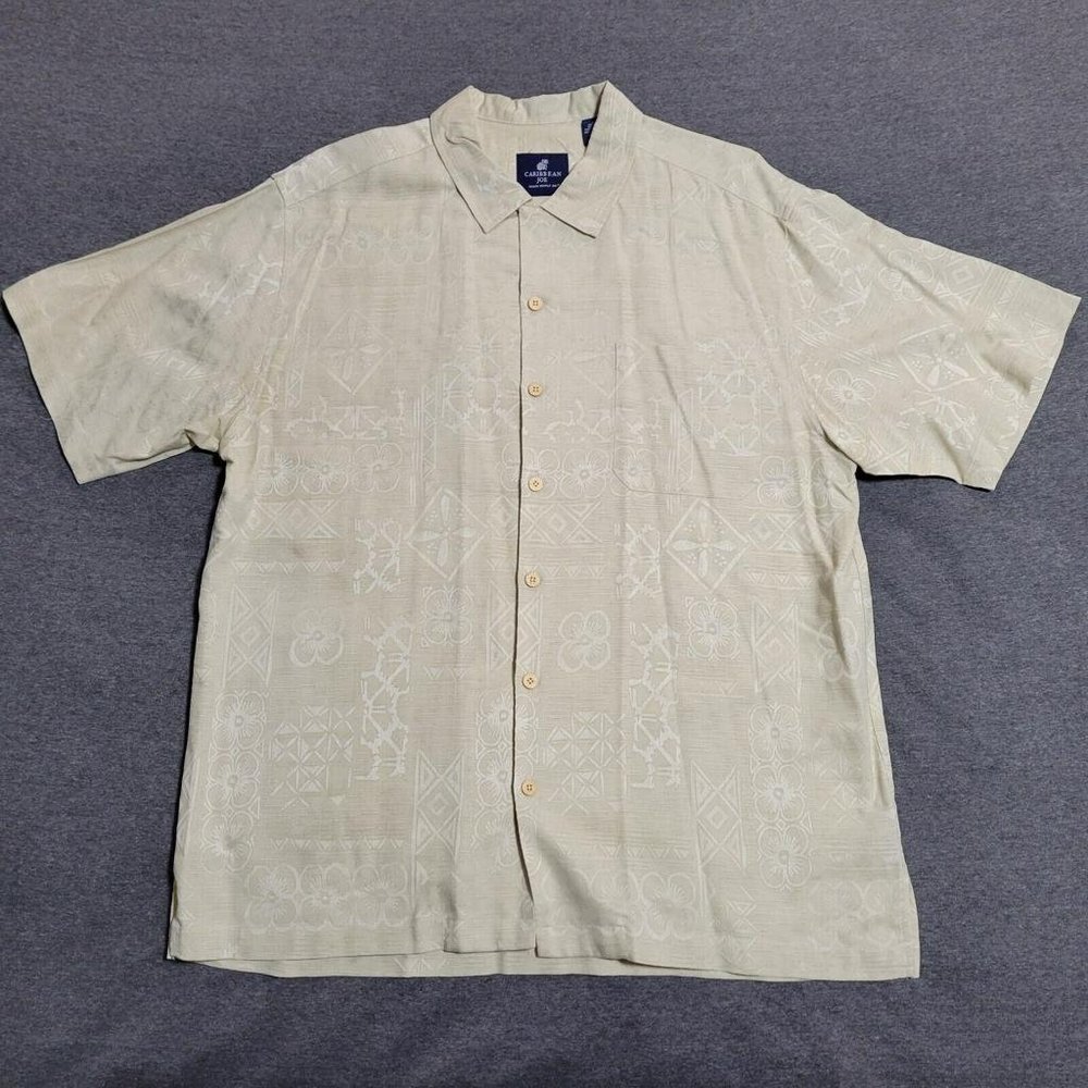 Caribbean Joe Hawaiian Silk Button Down Short Sleeve Ivory Floral Shirt Men's XL